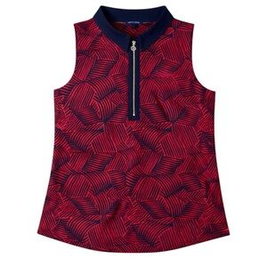 Tommy Hilfiger Red Navy Geometric Sleeveless Blouse Zip Collar L